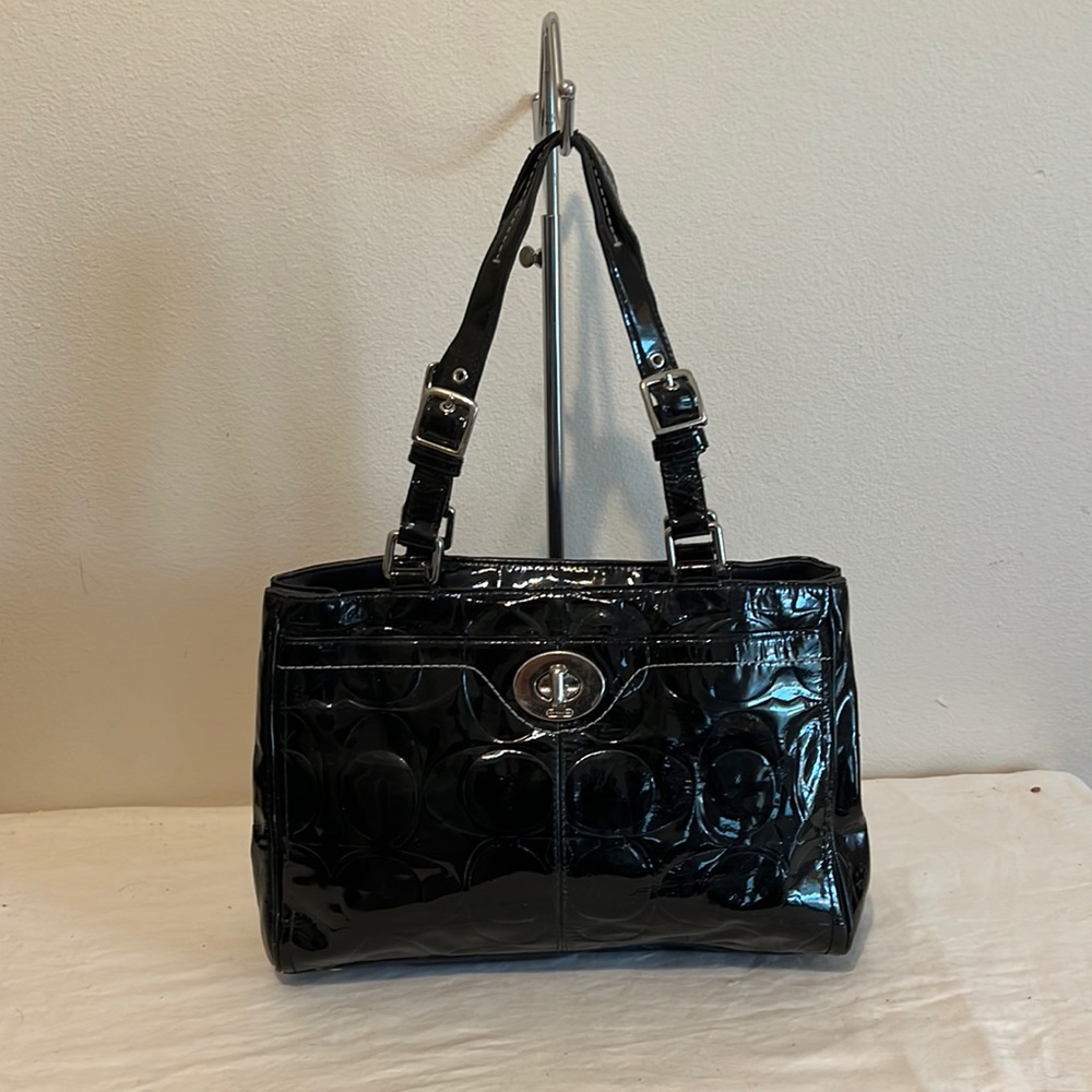 Coach Hampton #F14413 Black Patent Leather Embossed Purse Handbag Satchel